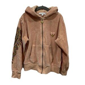 Girls Angels Face Full Zip Up Sweater‎ Orange Peach Bedazzled Sequins  8-9 Yrs